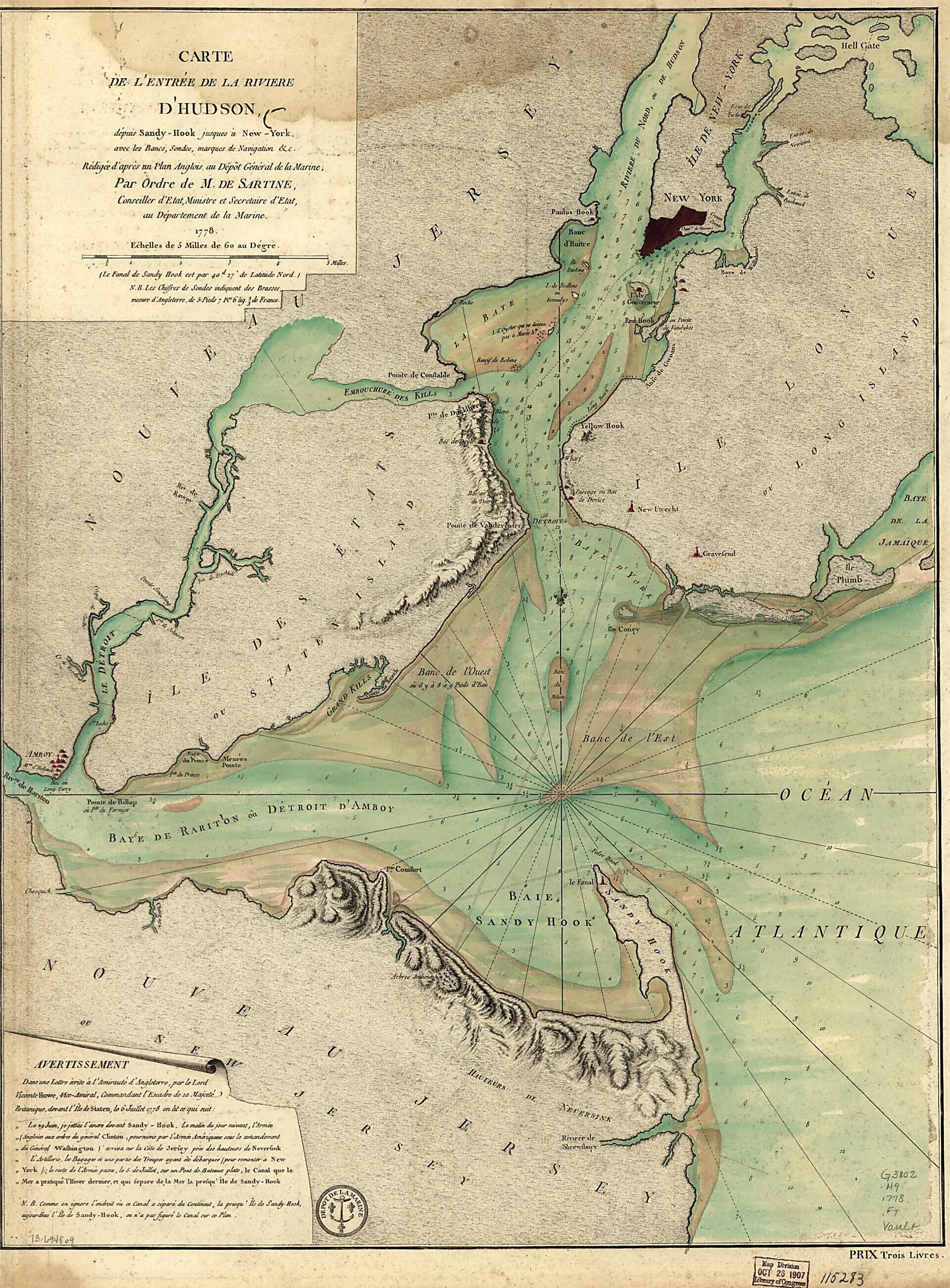 This old map of Hook Jusques à New-York Avec Les Bancs, Sondes, Marques De Navigation &c from 1778 was created by France. Dépôt Des Cartes Et Plans De La Marine, Antoine De Sartine in 1778