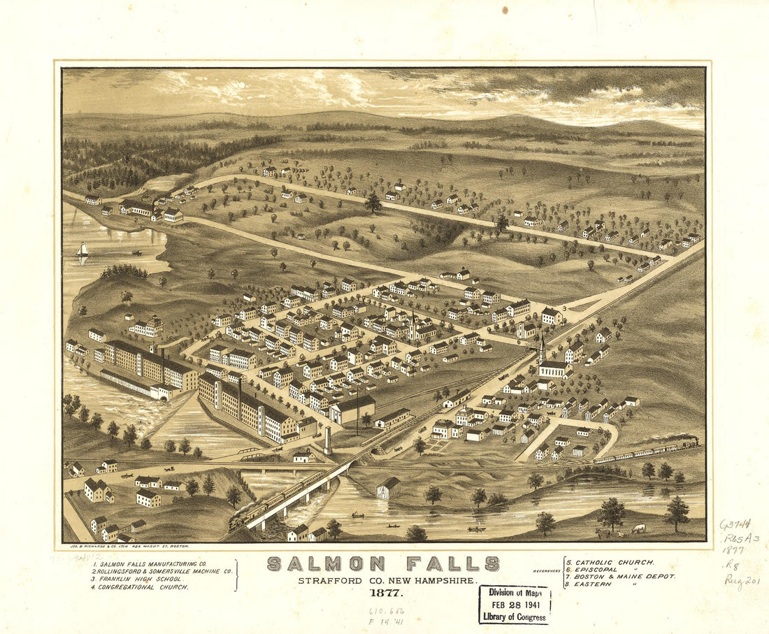 This old map of Salmon Falls, Strafford County, New Hampshire from 1877 was created by Jos. B. Richards & Co. Lith, A. Ruger in 1877