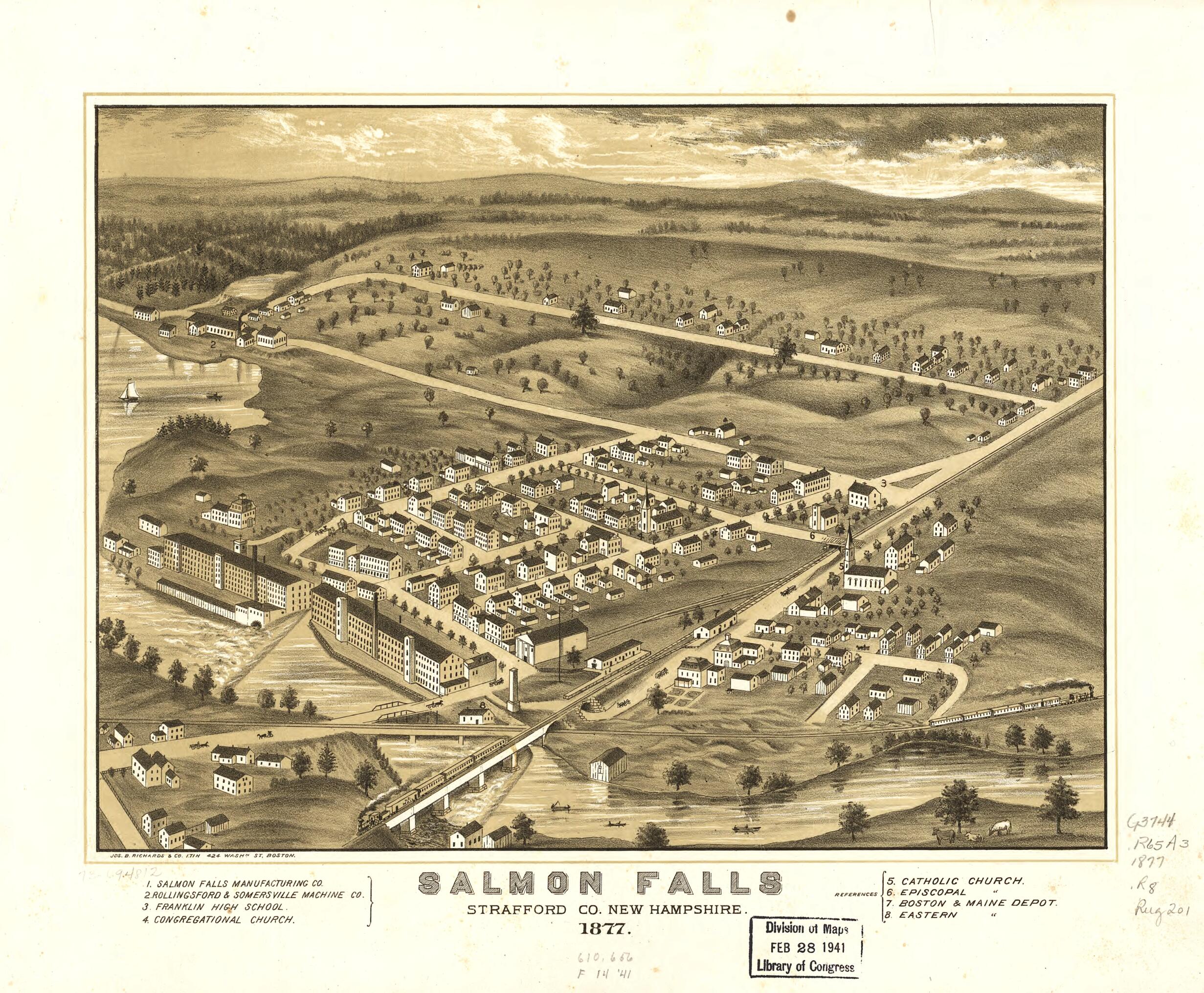 This old map of Salmon Falls, Strafford County, New Hampshire from 1877 was created by Jos. B. Richards & Co. Lith, A. Ruger in 1877