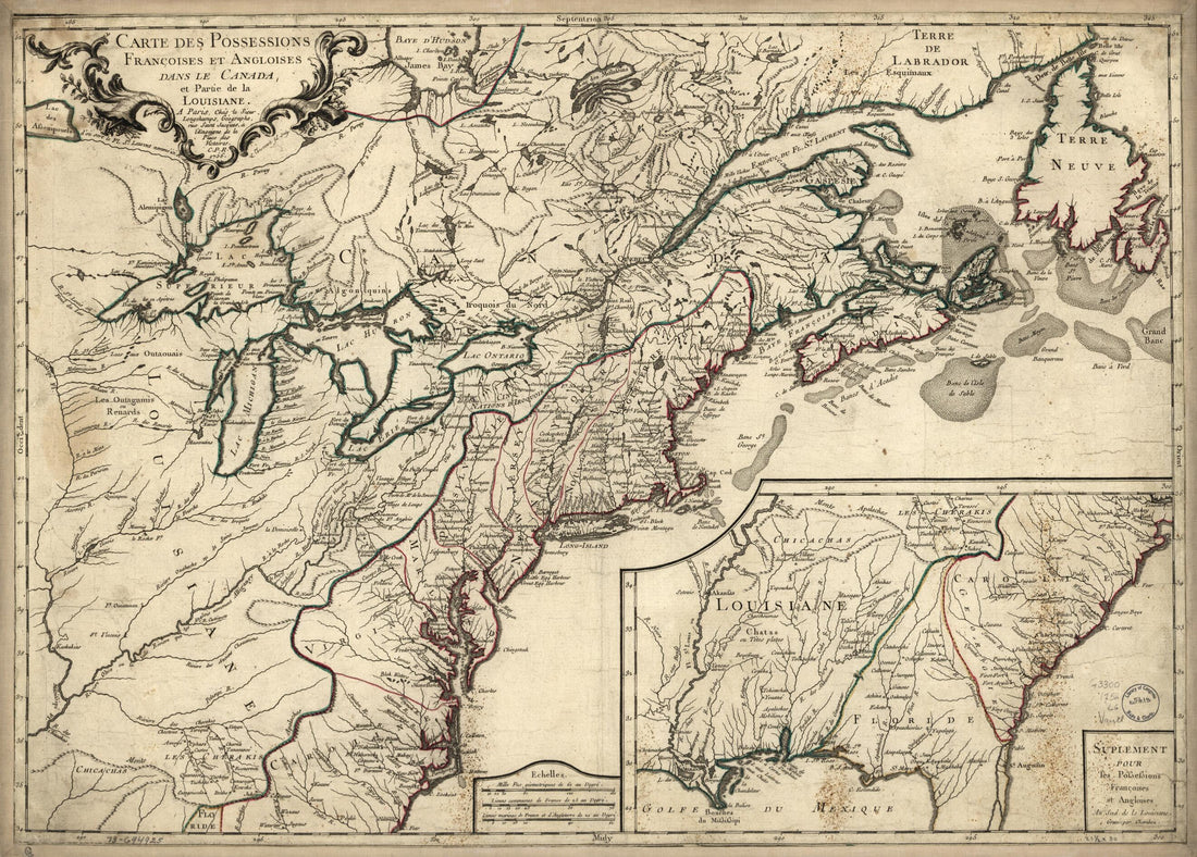This old map of Carte Des Possessions Françoises Et Angloises Dans Le Canada, Et Partie De La Louisiane, 1756 from 1769 was created by Longchamps, L. Thevenard in 1769