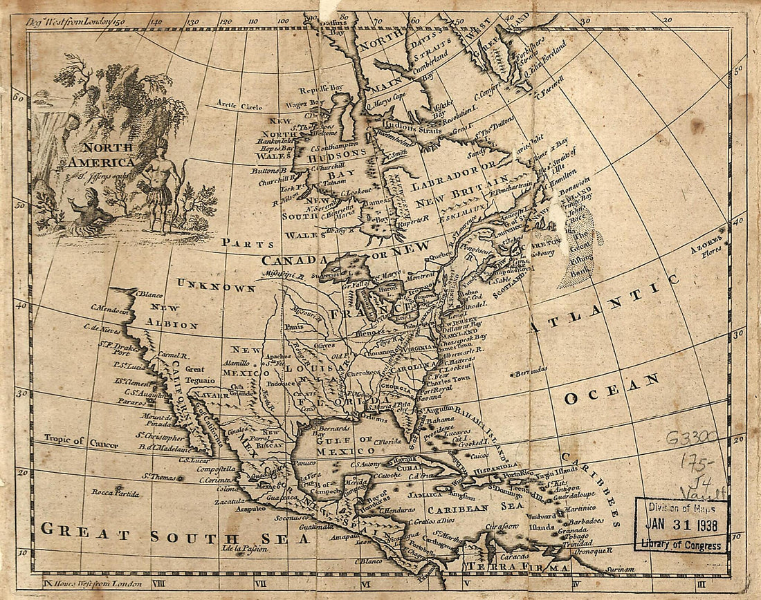 This old map of North America from 1750 was created by Thomas Jefferys in 1750
