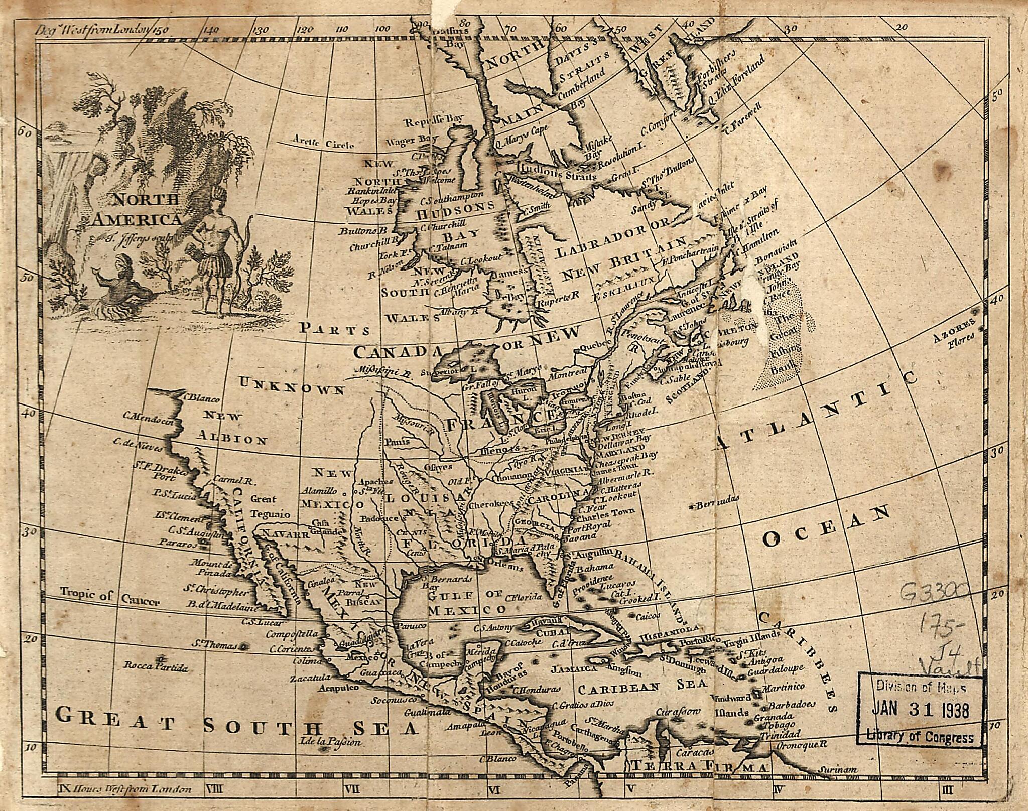 This old map of North America from 1750 was created by Thomas Jefferys in 1750