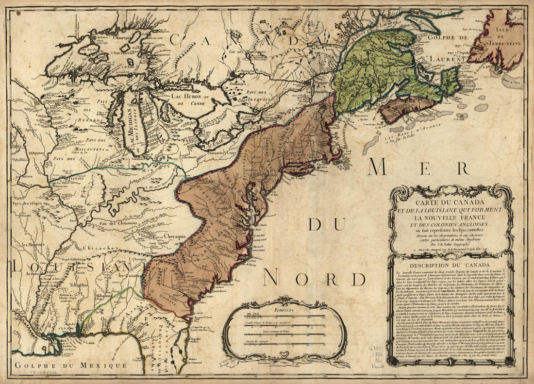 This old map of Carte Du Canada Et De La Louisiane Qui Forment La Nouvelle France Et Des Colonies Angloises Ou Sont Representez Les Pays Contestez from 1756 was created by Francois, Jean Baptiste Nolin in 1756