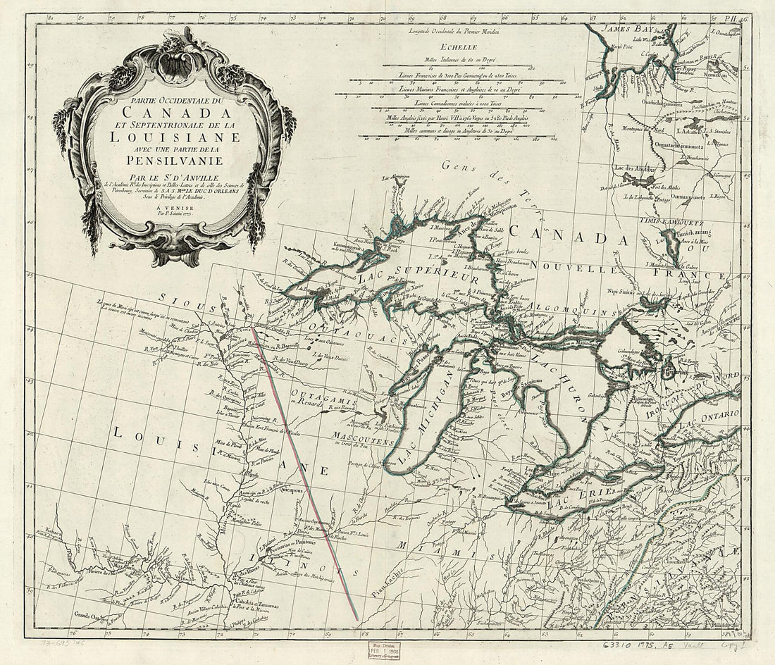 This old map of Partie Occidentale Du Canada Et Septentrionale De La Louisiane Avec Une Partie De La Pensilvanie from 1784 was created by Jean Baptiste Bourguignon D Anville, Remondini (Firm), P. Santini in 1784
