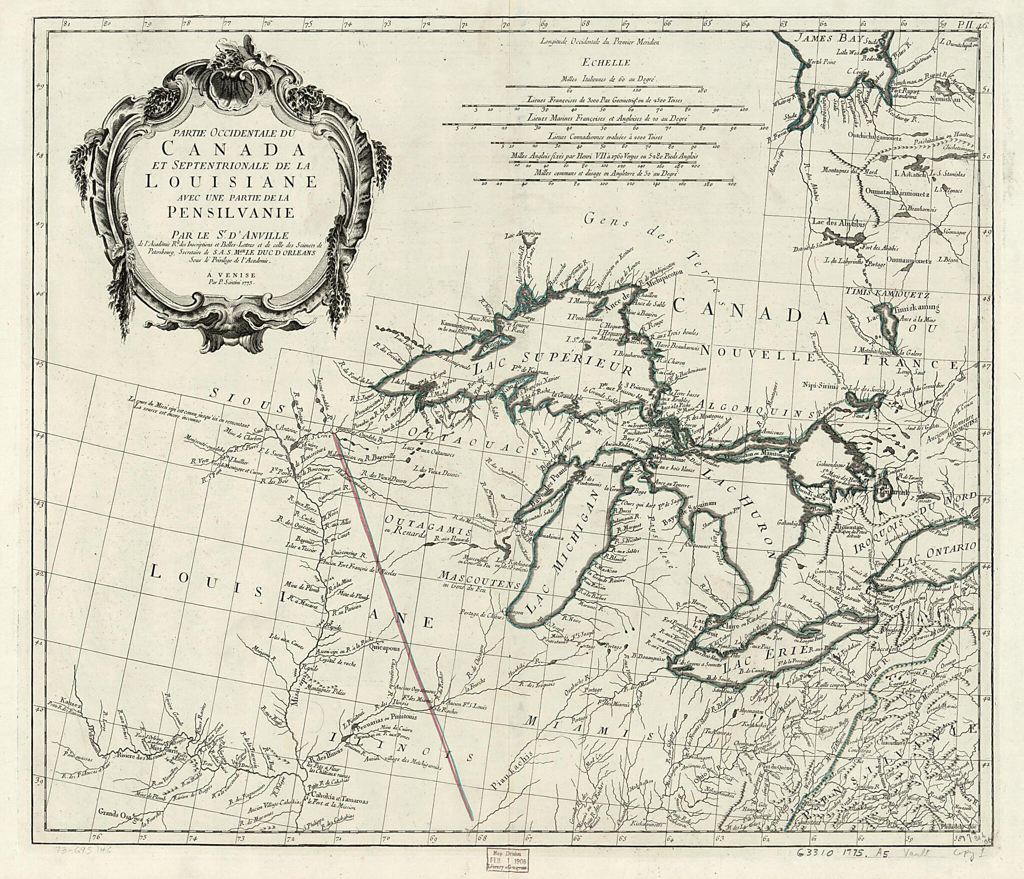 This old map of Partie Occidentale Du Canada Et Septentrionale De La Louisiane Avec Une Partie De La Pensilvanie from 1784 was created by Jean Baptiste Bourguignon D Anville, Remondini (Firm), P. Santini in 1784