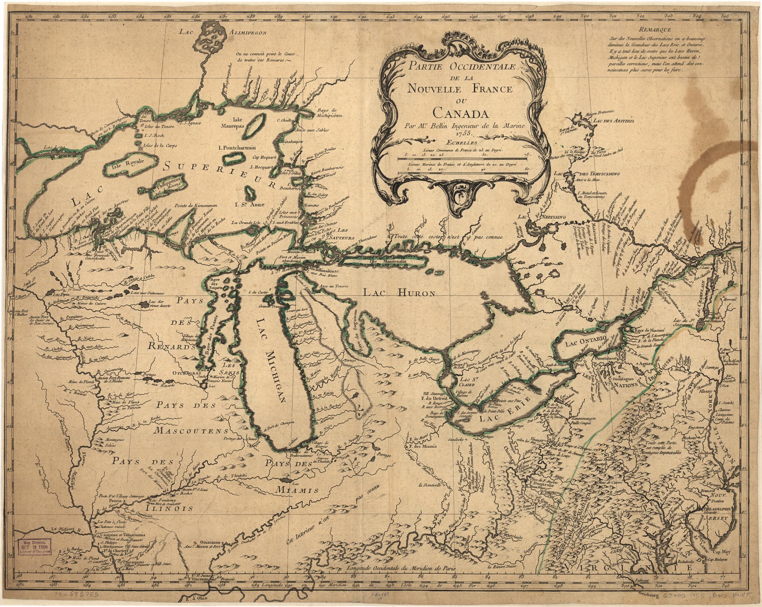 This old map of Partie Occidentale De La Nouvelle France Ou Canada from 1755 was created by Jacques Nicolas Bellin in 1755