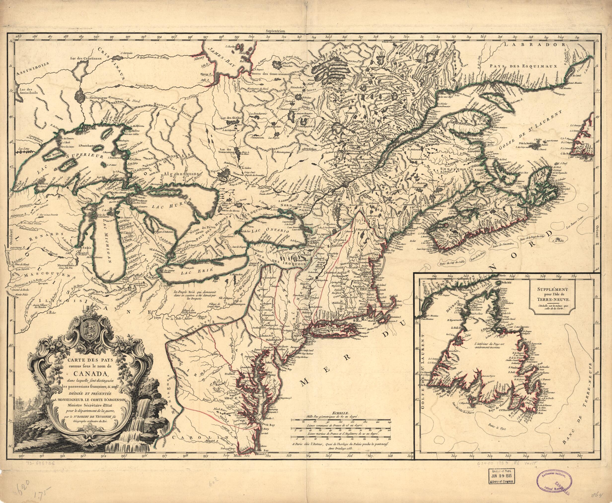 This old map of Carte Des Pays Connus Sous Le Nom De Canada, Dans Laquelle Sont Distinguées Les Possessions Françoises, & Angl? from 1753 was created by Didier Robert De Vaugondy in 1753