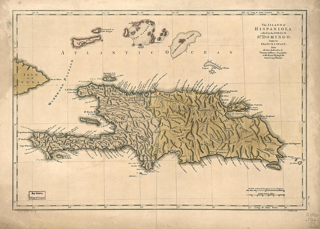 This old map of The Island of Hispaniola Called by the French St. Domingo. Subject to France & Spain from 1762 was created by Thomas Jefferys in 1762