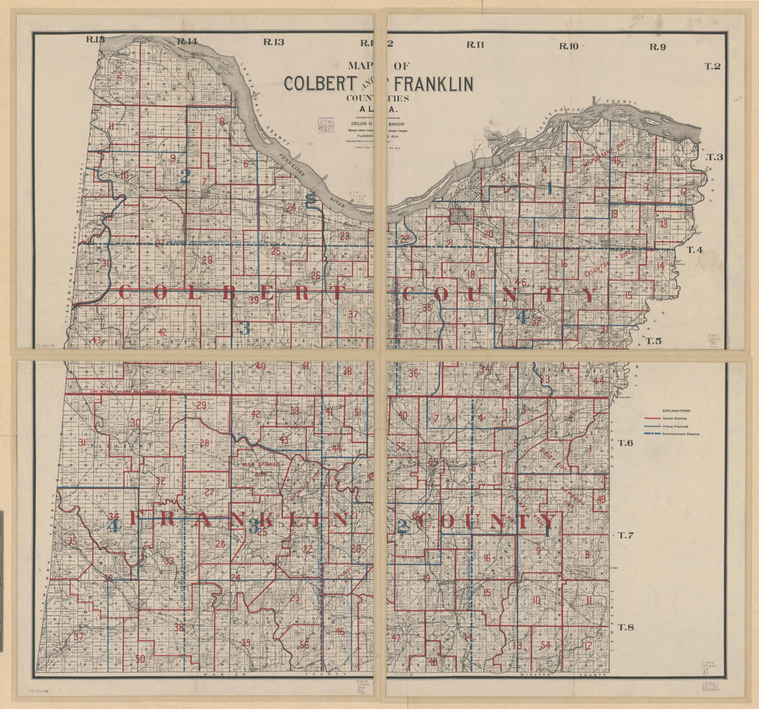 This old map of Map of Colbert and Franklin Counties,Alabama from 1908 was created by Delos H. Bacon in 1908