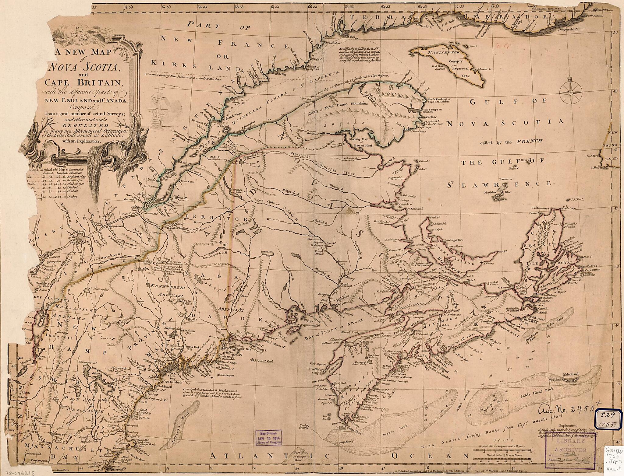 This old map of A New Map of Nova Scotia, and Cape Britain. With the Adjacent Parts of New England and Canada, Composed from a Great Number of Actual Surveys; and Other Materials Regulated by Many New Astronomical Observations of the Longitude As Well As