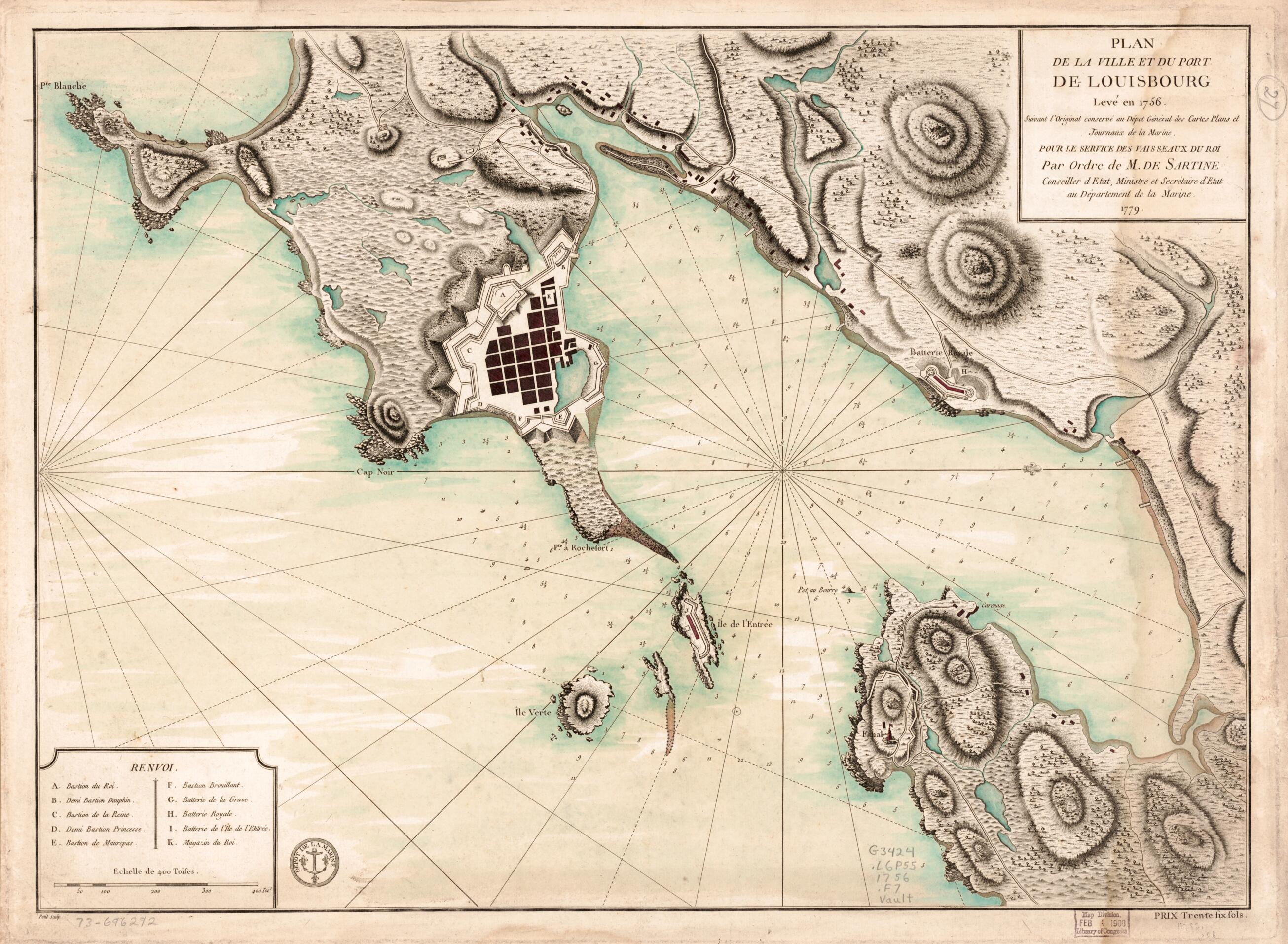 This old map of Plan De La Ville De Du Port De Louisbourg Levé En 1756 from 1779 was created by France. Dépôt Des Cartes Et Plans De La Marine, Petit, Antoine De Sartine in 1779