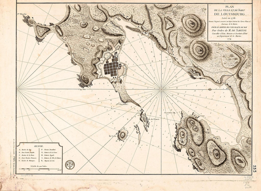 This old map of Plan De La Ville Et Du Port De Louisbourg Levé En 1756 from 1779 was created by France. Dépôt Des Cartes Et Plans De La Marine, Antoine De Sartine in 1779