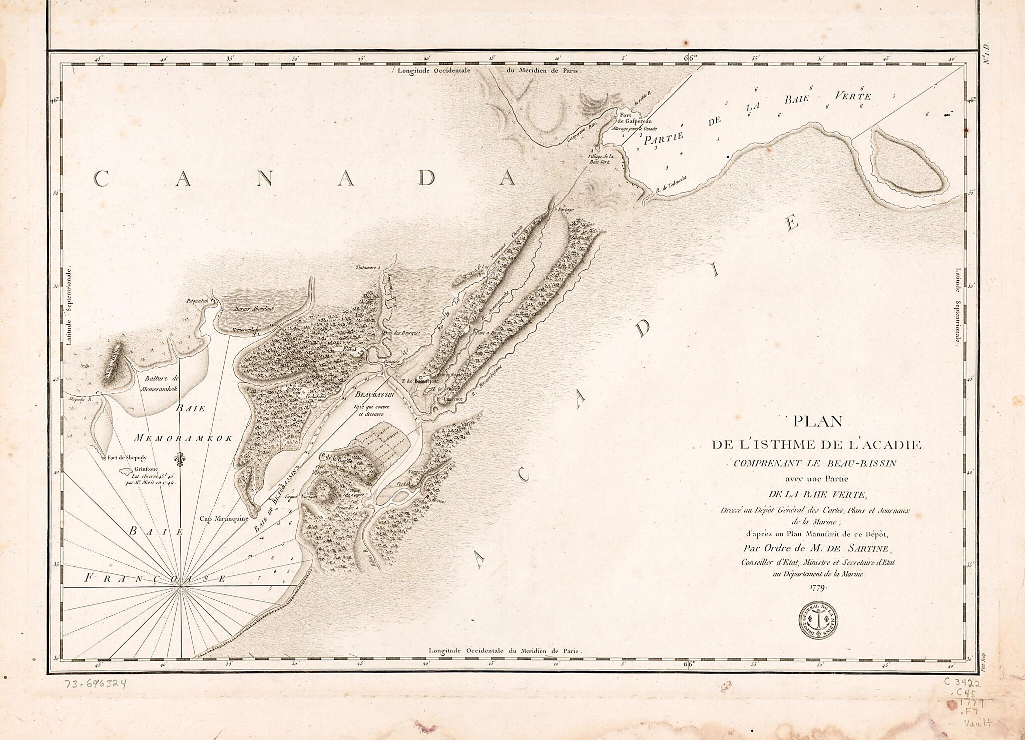 This old map of Bassin Avec Une Partie De La Baie Verte from 1778 was created by France. Dépôt Des Cartes Et Plans De La Marine, Petit, Antoine De Sartine in 1778