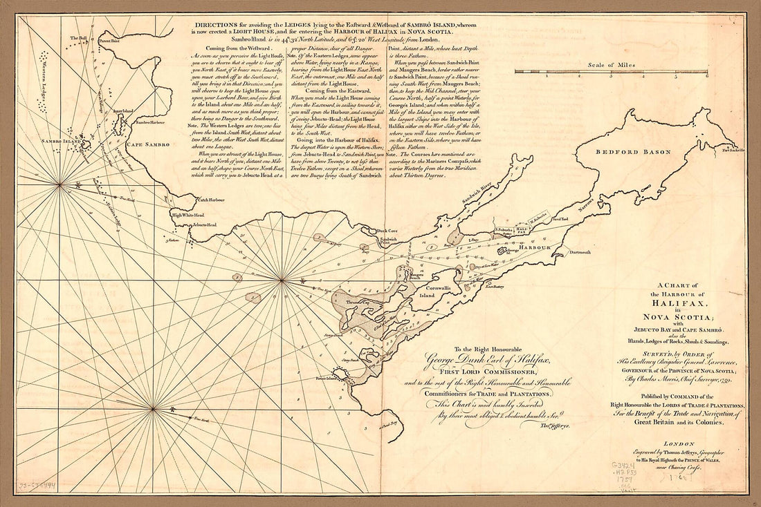 This old map of A Chart of the Harbour of Halifax, In Nova Scotia; With Jebucto Bay and Cape Sambrô, Also the Islands, Ledges of Rocks, Shoals & Soundings from 1768 was created by Thomas Jefferys, Charles Morris in 1768