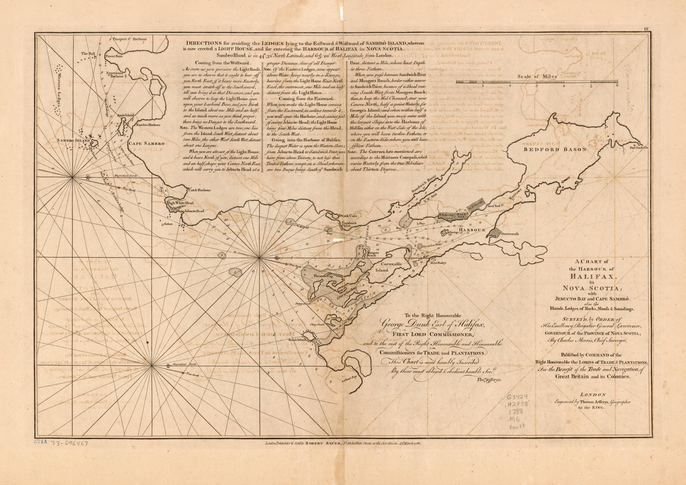 This old map of A Chart of the Harbour of Halifax, In Nova Scotia; With Jebucto Bay and Cape Sambrô, Also the Islands, Ledges of Rocks, Shoals & Soundings from 1778 was created by Thomas Jefferys, Charles Morris, Robert Sayer in 1778