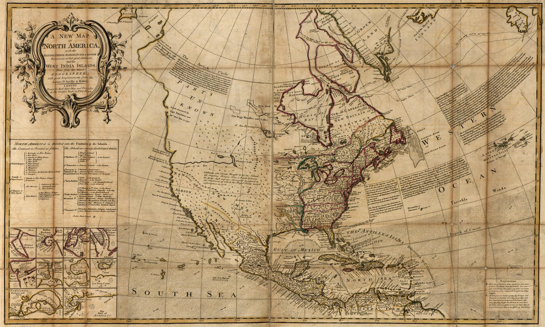 This old map of A New Map of North America, With the British, French, Spanish, Dutch & Danish Dominions On That Great Continent; and the West India Islands from 1750 was created by Jean Baptiste Bourguignon D Anville, Didier Robert De Vaugondy, Robert Sa