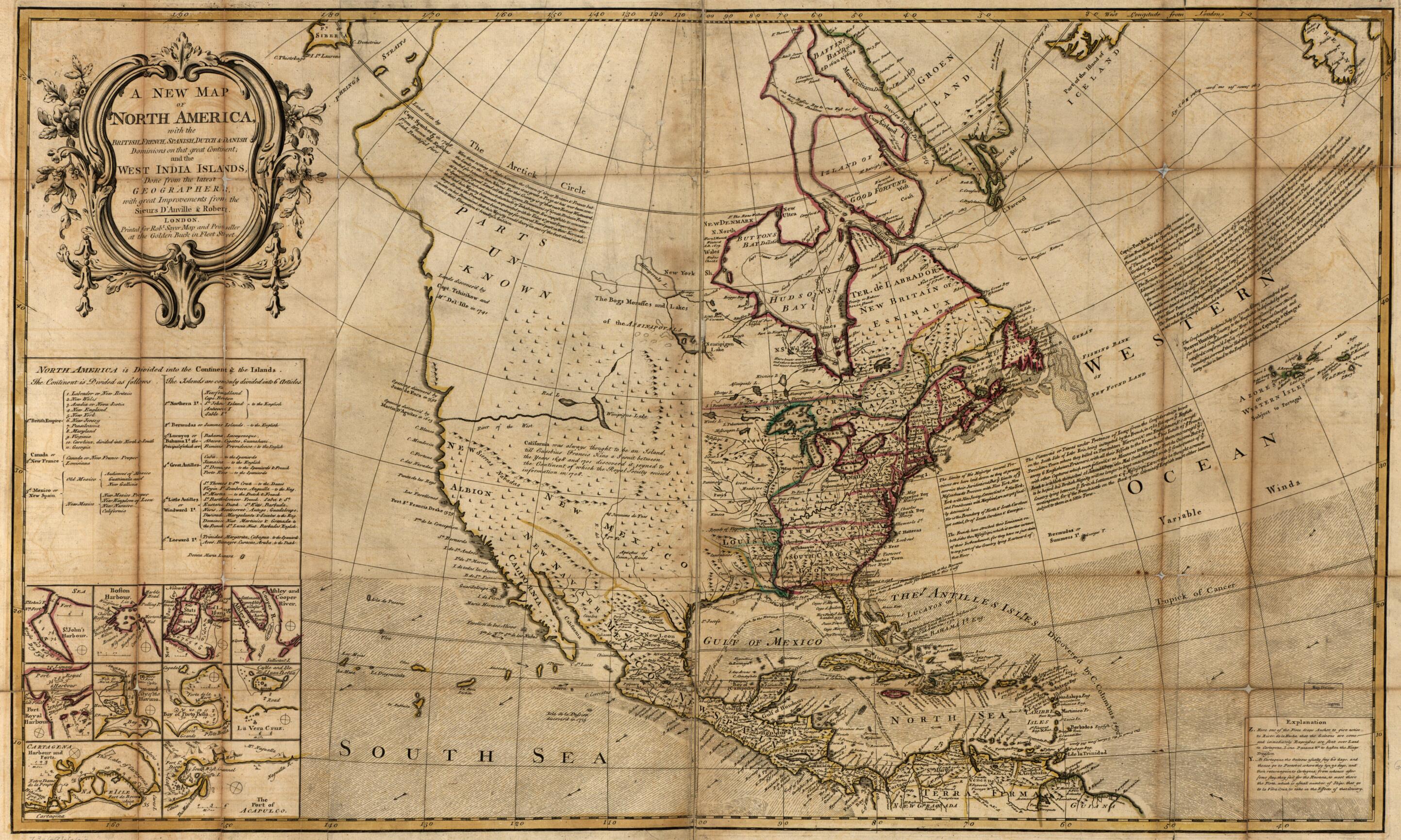 This old map of A New Map of North America, With the British, French, Spanish, Dutch & Danish Dominions On That Great Continent; and the West India Islands from 1750 was created by Jean Baptiste Bourguignon D Anville, Didier Robert De Vaugondy, Robert Sa