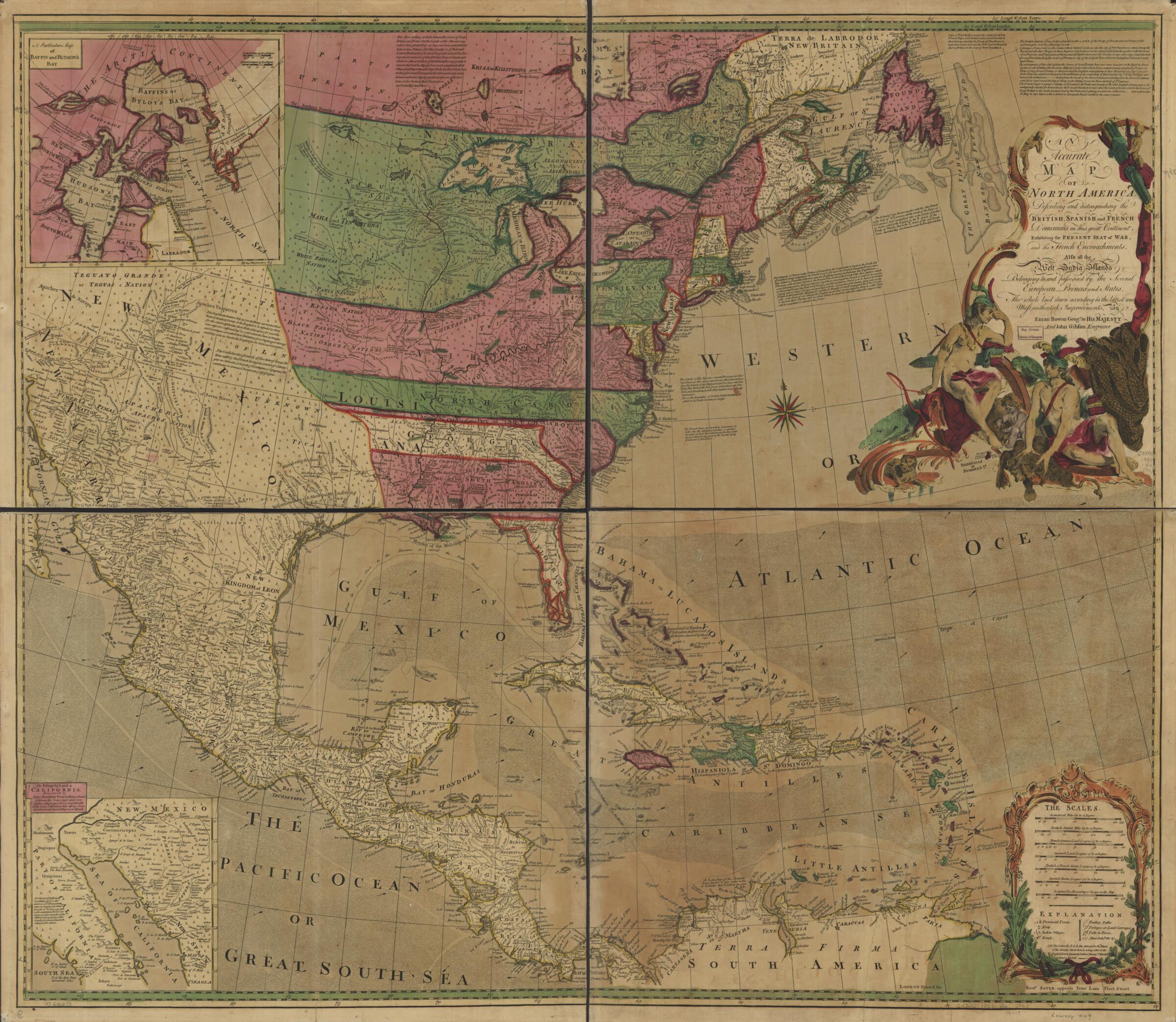 An Accurate Map of North America. Describing and Distinguishing the British, Spanish and French Dominions On This Great Continent; Exhibiting the Present Seat of War, and the French Encroachments. Also All the West India Islands Belonging To, and Poss... by Relic Map Company