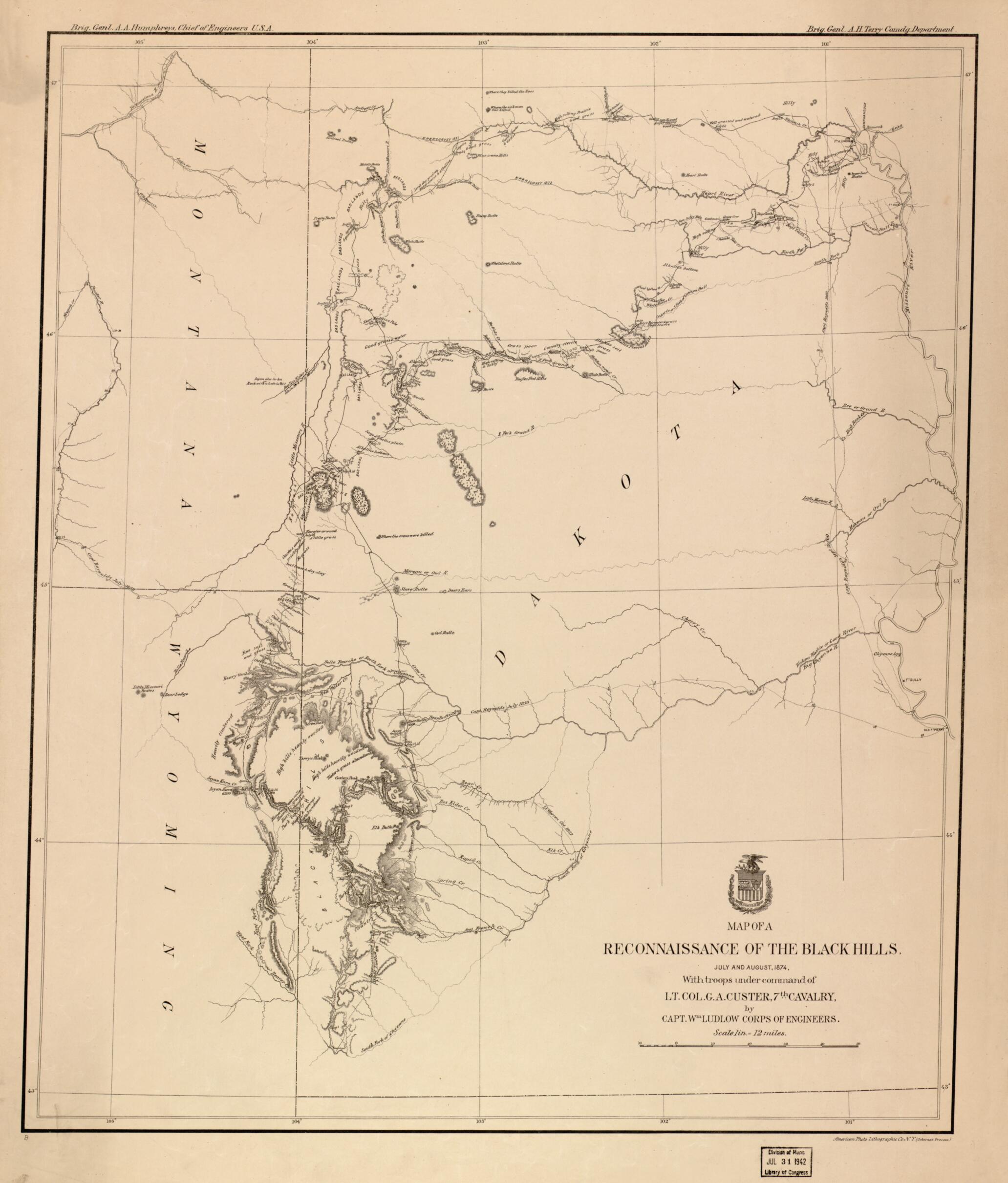 This old map of Map of a Reconnaissance of the Black Hills, July and August, from 1874, With Troops Under Command of Lt. Col. G.A. Custer, 7th Cavalry was created by Lithographic Company, William Ludlow in 1874
