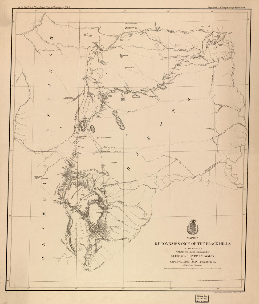 This old map of Map of a Reconnaissance of the Black Hills, July and August, from 1874, With Troops Under Command of Lt. Col. G.A. Custer, 7th Cavalry was created by Lithographic Company, William Ludlow in 1874