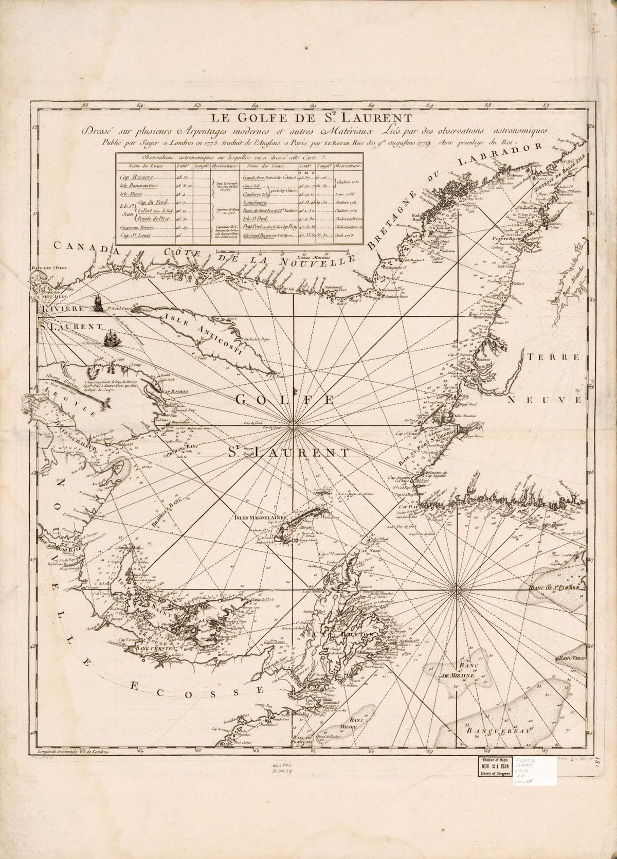Le Golfe De St. Laurent Dressé Sur Plusieurs Arpentages Modernes Et Autres Matériaux Liés Par Des Observations Astronomiques 1779 by Relic Map Company