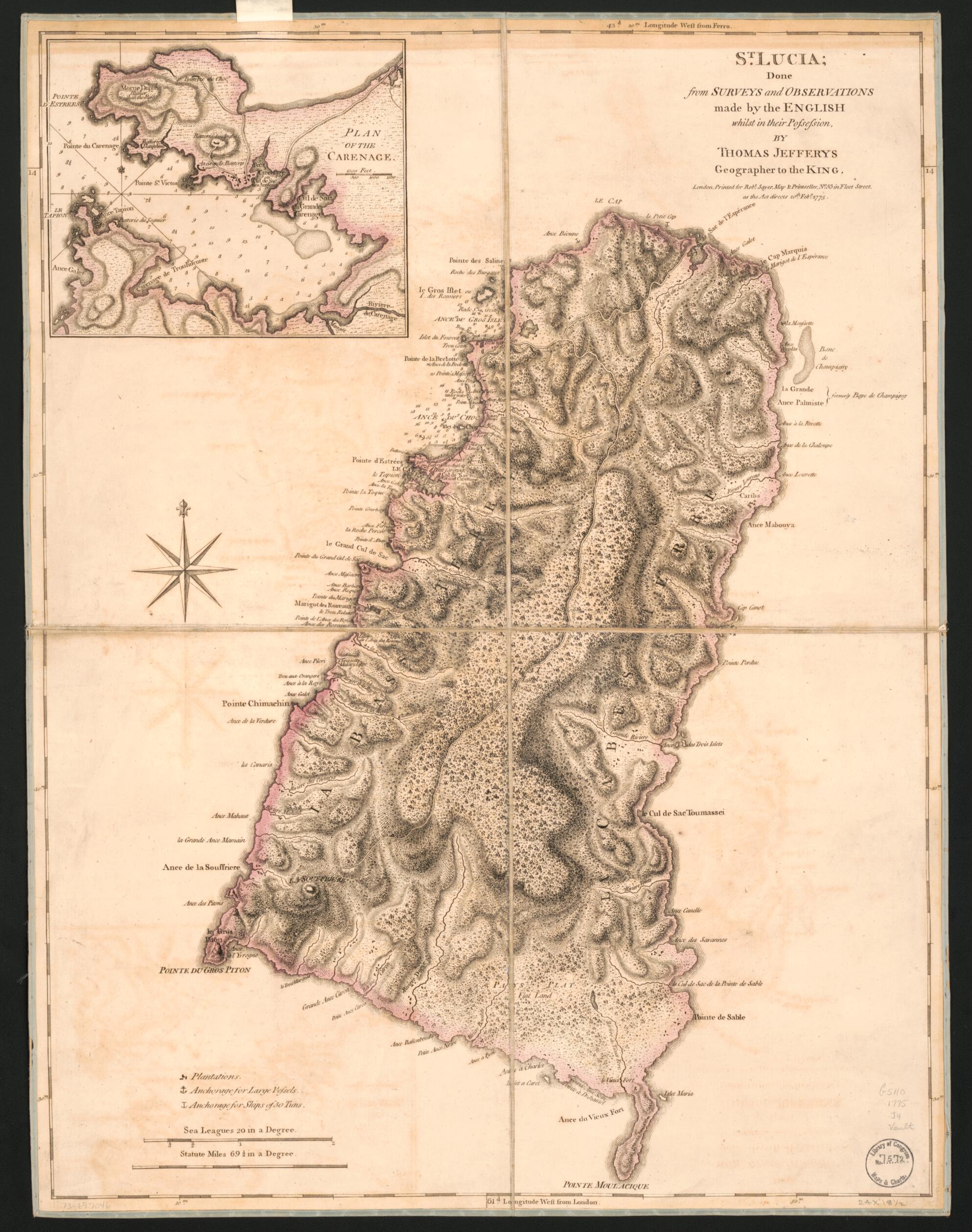 This old map of St. Lucia; Done from Surveys and Observations Made by the English Whilst In Their Possession from 1775 was created by Thomas Jefferys, Robert Sayer in 1775