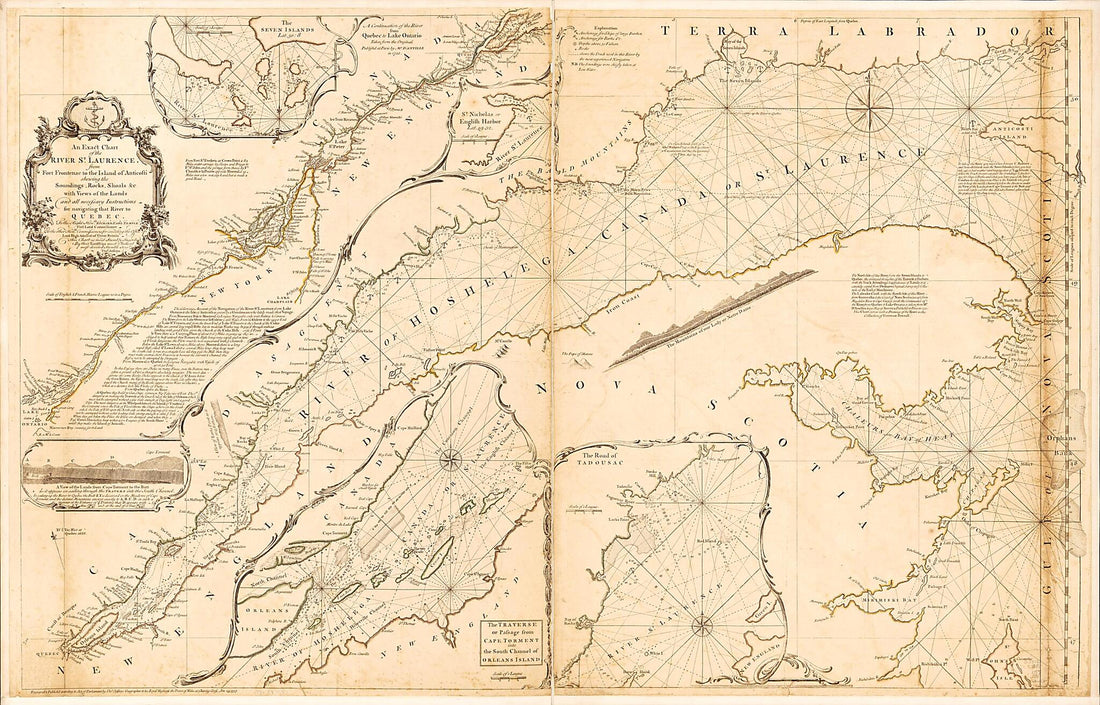 This old map of An Exact Chart of the River St. Laurence, from Fort Frontenac to the Island of Anticosti Shewing the Soundings, Rocks, Shoals &c With Views of the Lands and All Necessary Instructions for Navigating That River to Quebec from 1757 was crea