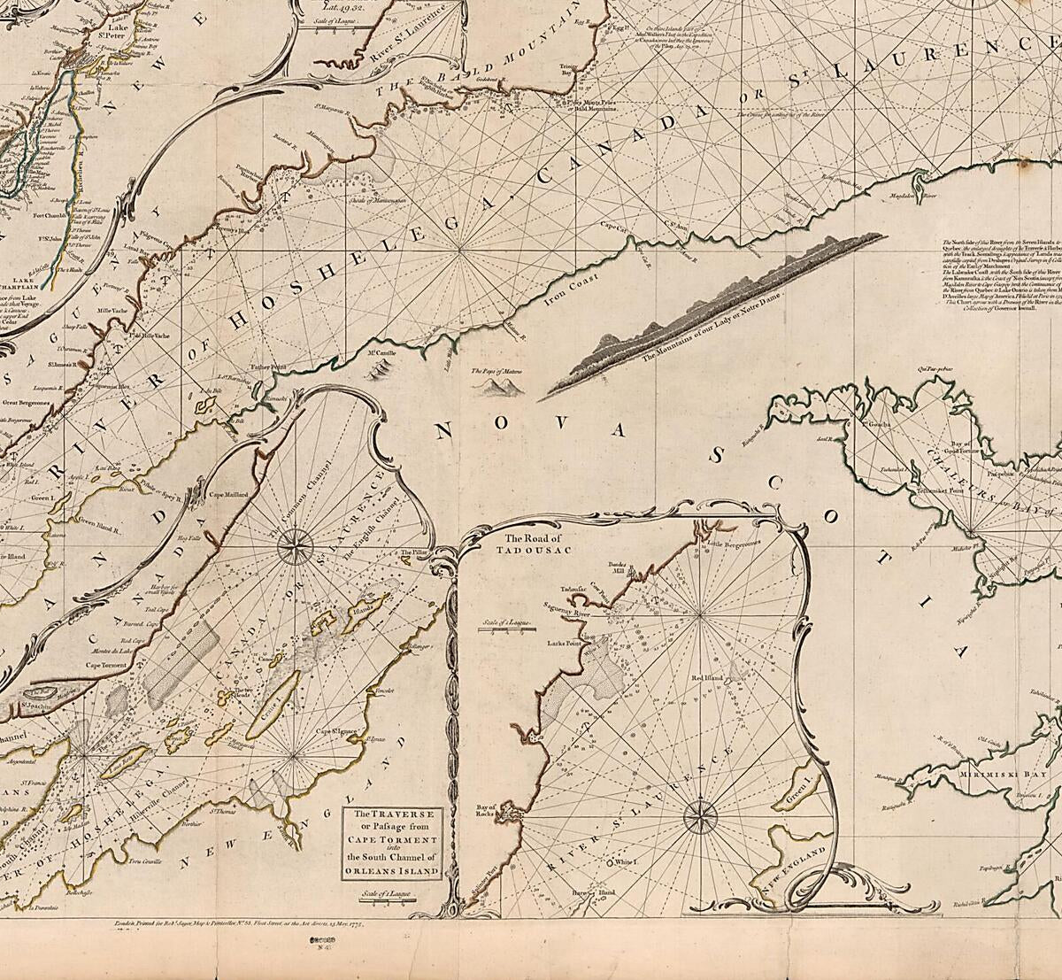 This old map of An Exact Chart of the River St. Laurence, from Fort Frontenac to the Island of Anticosti Shewing the Soundings, Rocks, Shoals &c With Views of the Lands and All Necessary Instructions for Navigating That River to Quebec from 1775 was crea