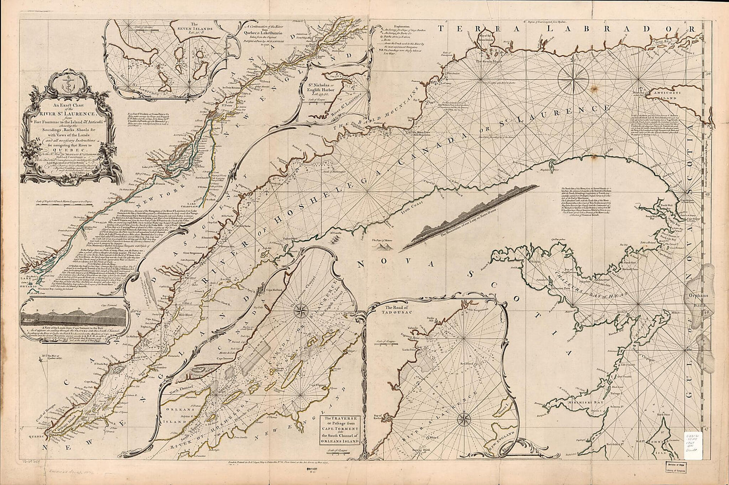 This old map of An Exact Chart of the River St. Laurence, from Fort Frontenac to the Island of Anticosti Shewing the Soundings, Rocks, Shoals &c With Views of the Lands and All Necessary Instructions for Navigating That River to Quebec from 1775 was crea