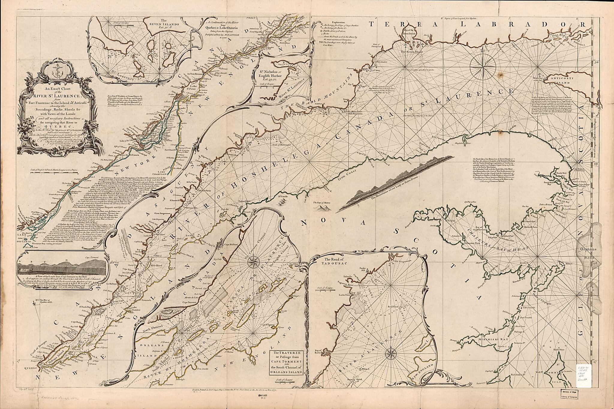 This old map of An Exact Chart of the River St. Laurence, from Fort Frontenac to the Island of Anticosti Shewing the Soundings, Rocks, Shoals &c With Views of the Lands and All Necessary Instructions for Navigating That River to Quebec from 1775 was crea