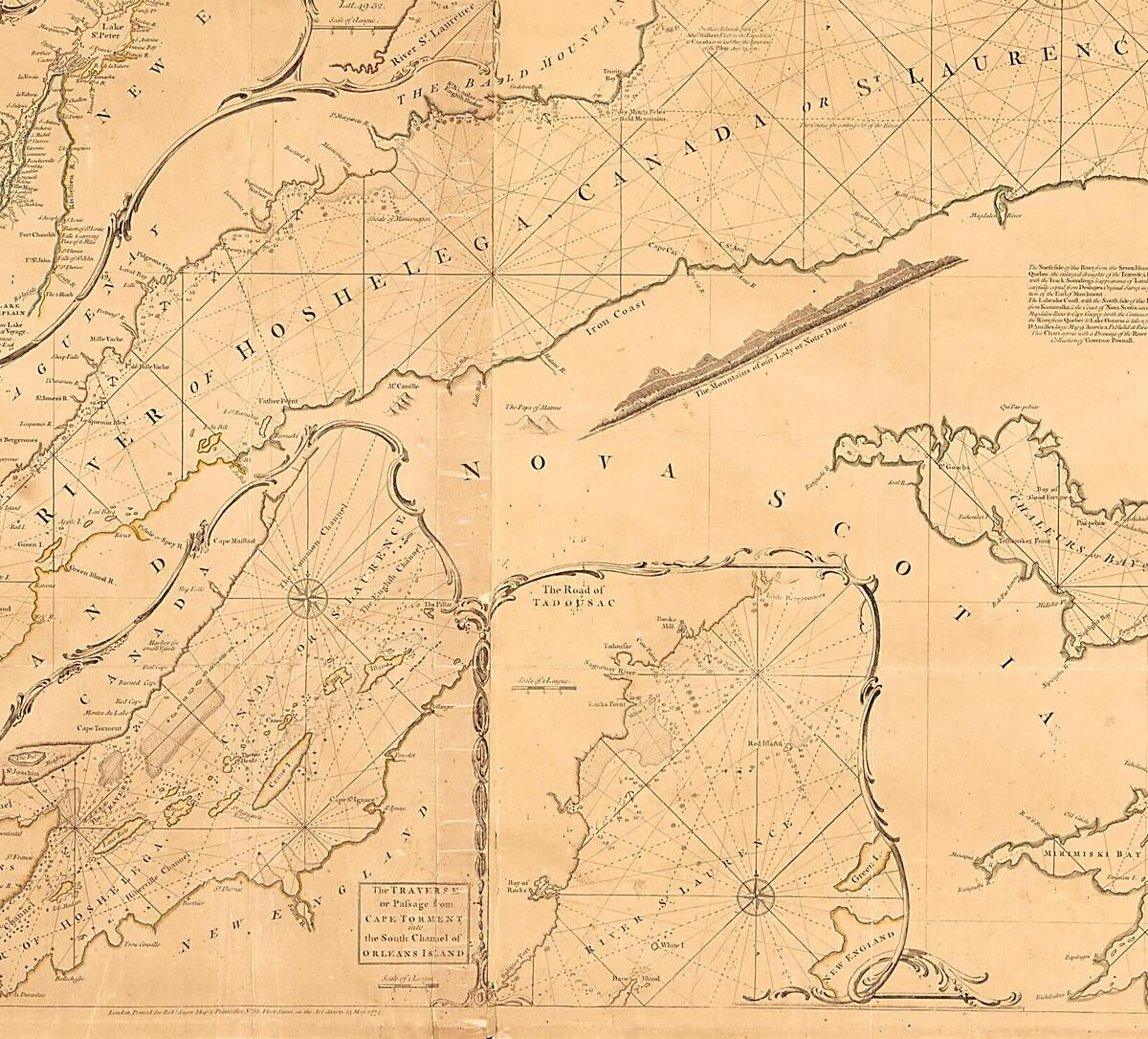 This old map of An Exact Chart of the River St. Laurence, from Fort Frontenac to the Island of Anticosti Shewing the Soundings, Rocks, Shoals &c With Views of the Lands and All Necessary Instructions for Navigating That River to Quebec from 1775 was crea