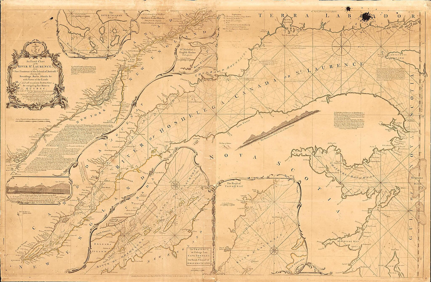 This old map of An Exact Chart of the River St. Laurence, from Fort Frontenac to the Island of Anticosti Shewing the Soundings, Rocks, Shoals &c With Views of the Lands and All Necessary Instructions for Navigating That River to Quebec from 1775 was crea