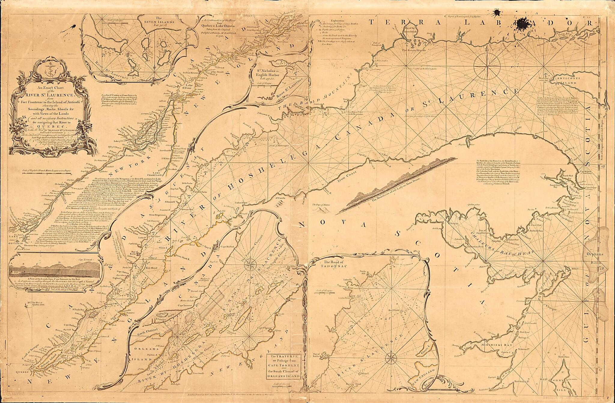 This old map of An Exact Chart of the River St. Laurence, from Fort Frontenac to the Island of Anticosti Shewing the Soundings, Rocks, Shoals &c With Views of the Lands and All Necessary Instructions for Navigating That River to Quebec from 1775 was crea
