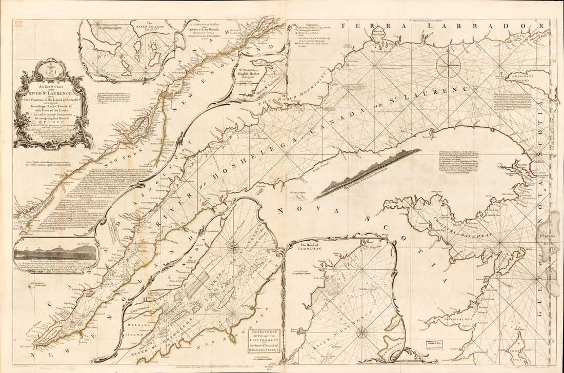 This old map of An Exact Chart of the River St. Laurence, from Fort Frontenac to the Island of Anticosti Shewing the Soundings, Rocks, Shoals &c With Views of the Lands and All Necessary Instructions for Navigating That River to Quebec from 1782 was crea