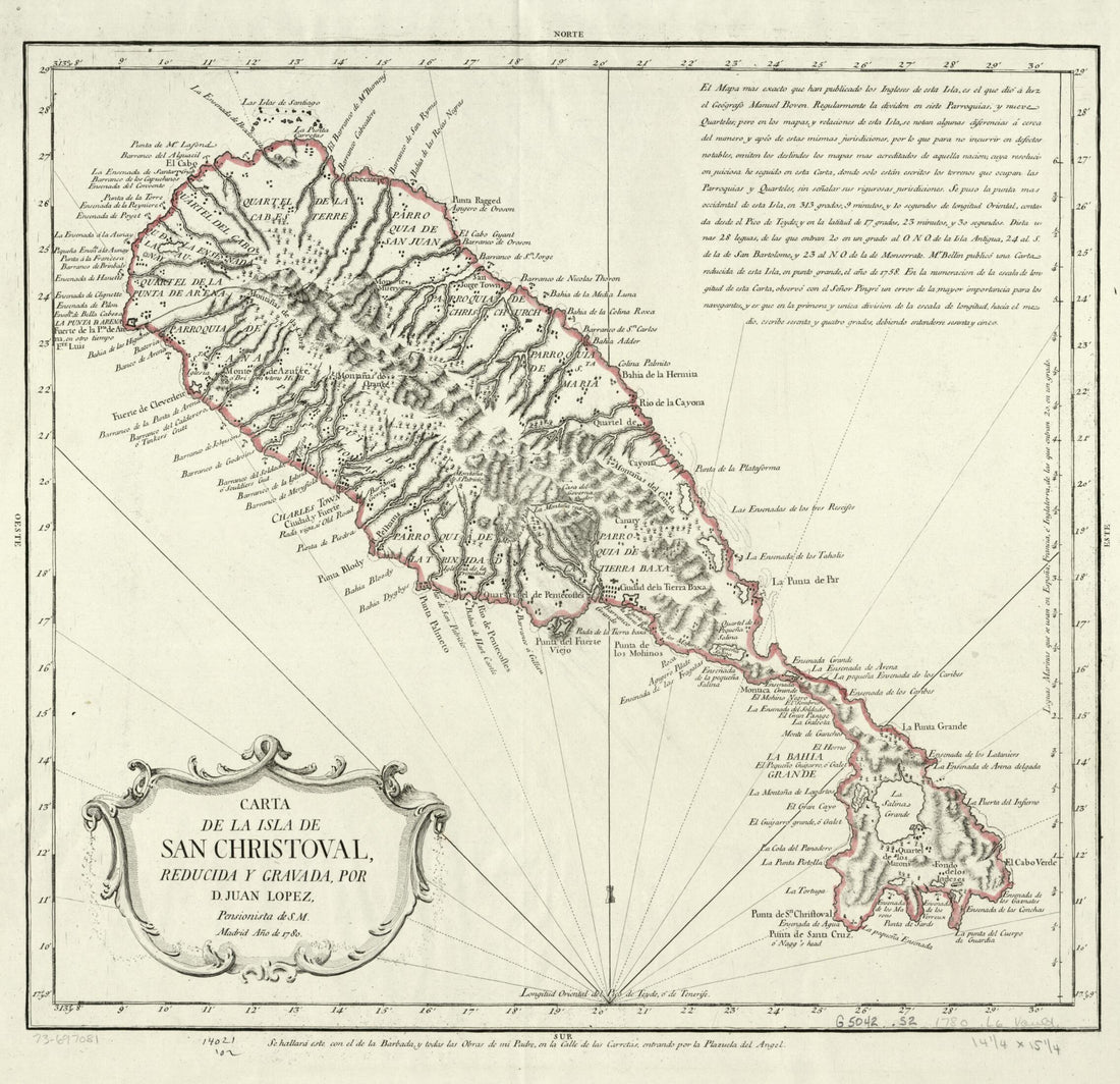 This old map of Carta De La Isla De San Christoval from 1780 was created by Juan López in 1780