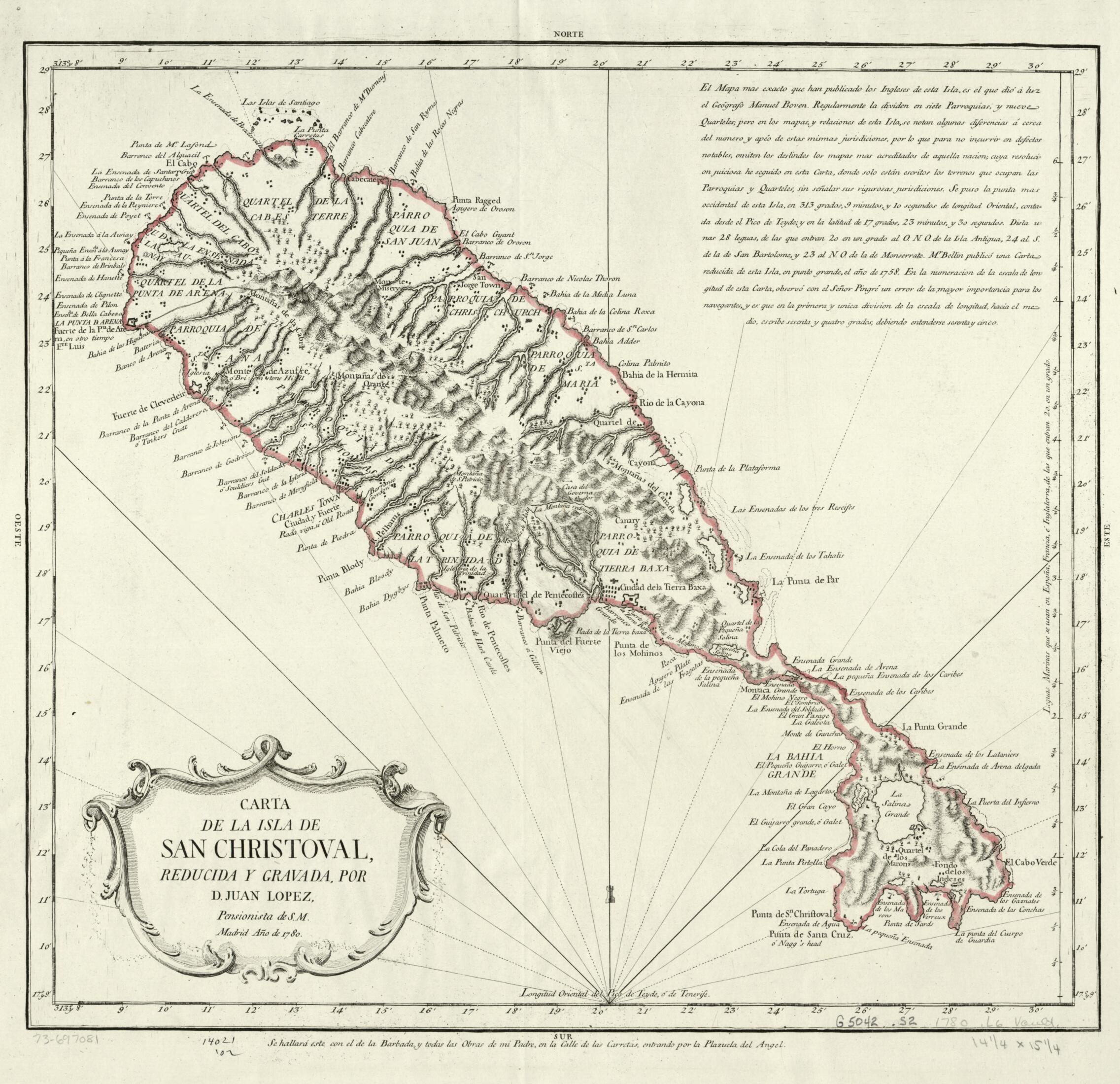 This old map of Carta De La Isla De San Christoval from 1780 was created by Juan López in 1780