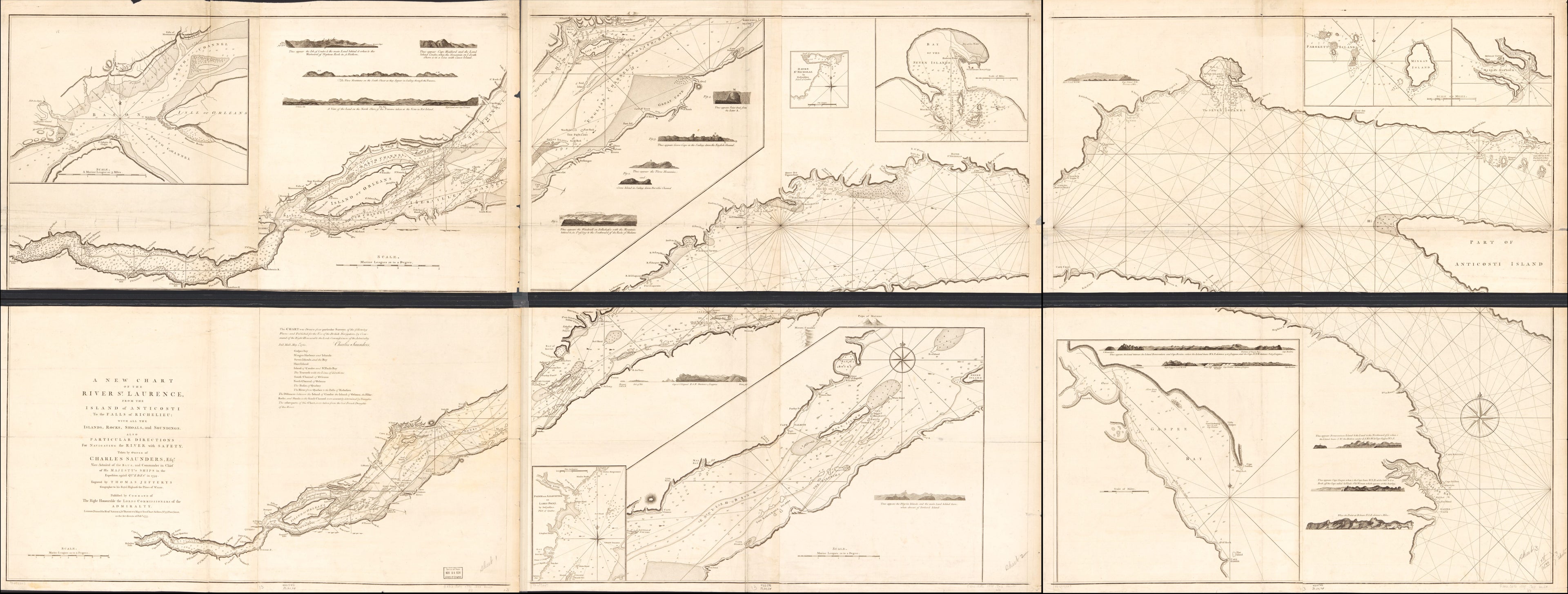 This old map of A New Chart of the River St. Laurence, from the Island of Anticosti to the Falls of Richelieu: With All the Islands, Rocks, Shoals, and Soundings, Also Particular Directions for Navigating the River With Safety. Taken by the Order of Char