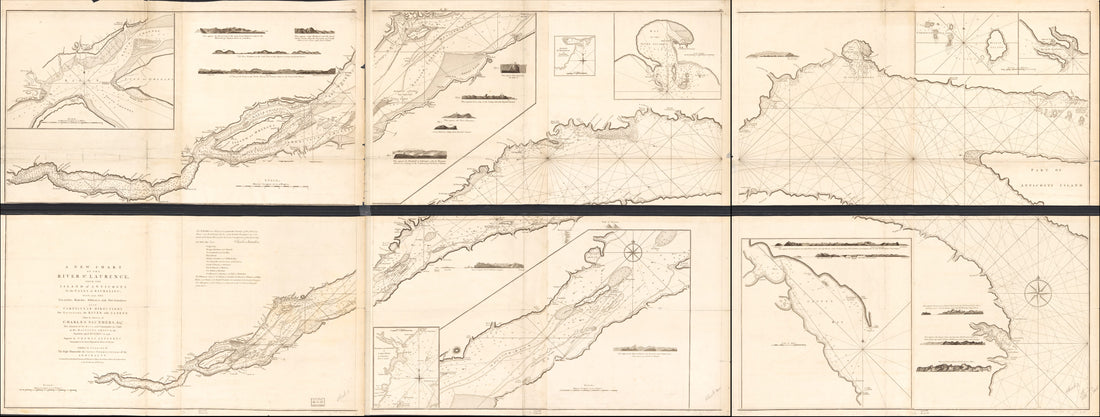 This old map of A New Chart of the River St. Laurence, from the Island of Anticosti to the Falls of Richelieu: With All the Islands, Rocks, Shoals, and Soundings, Also Particular Directions for Navigating the River With Safety. Taken by the Order of Char