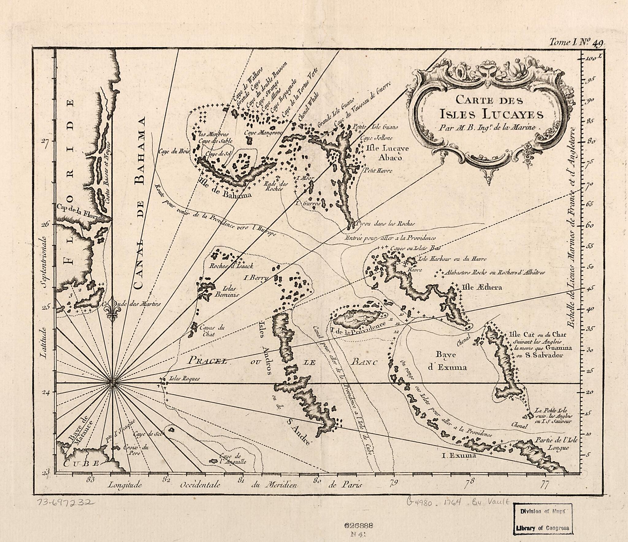 This old map of Carte Des Isles Lucayes from 1764 was created by Jacques Nicolas Bellin in 1764