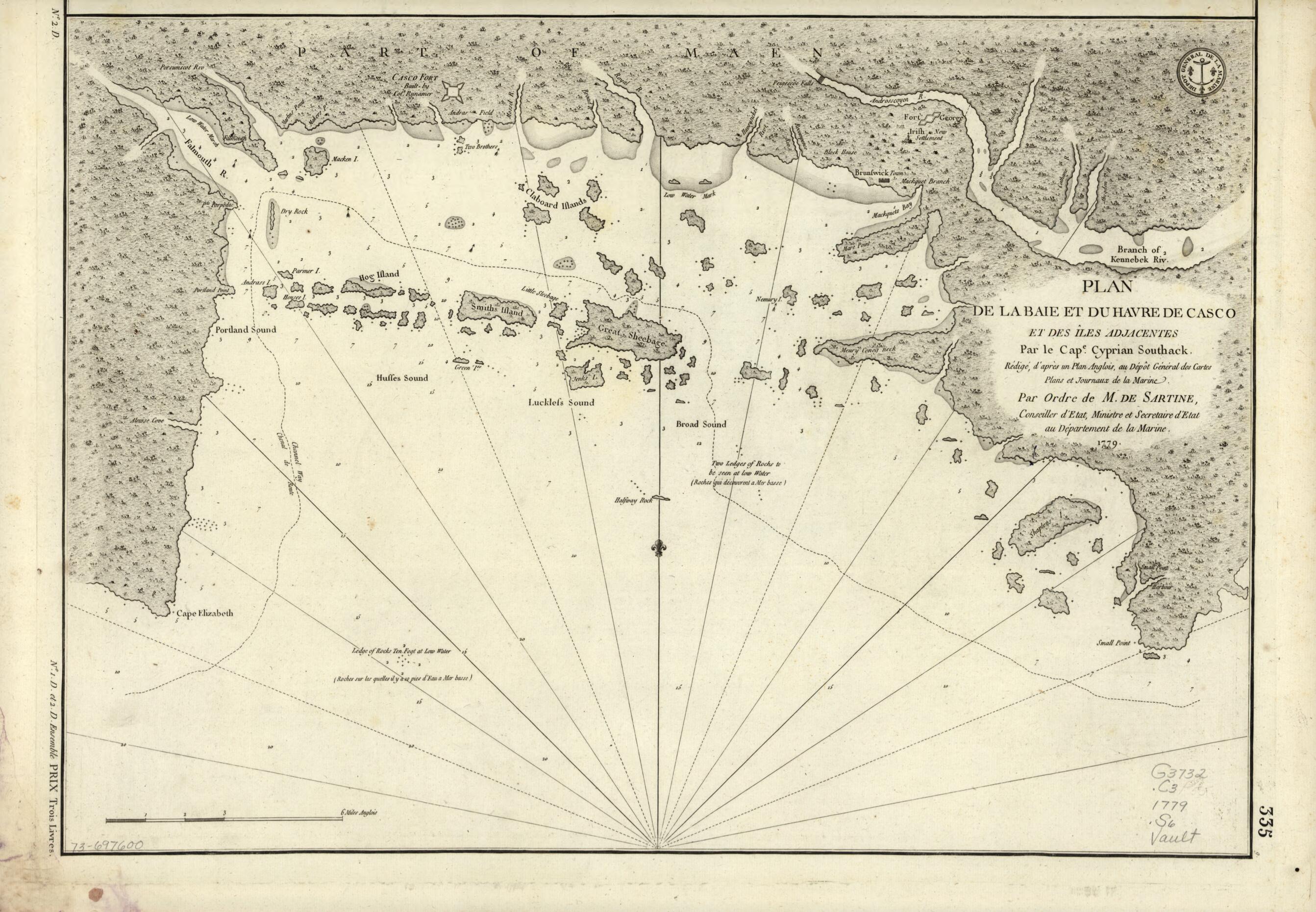 This old map of Plan De La Baie Et Du Havre De Casco Et Des îles Adjacentes from 1779 was created by France. Dépôt Des Cartes Et Plans De La Marine, Antoine De Sartine, Cyprian Southack in 1779