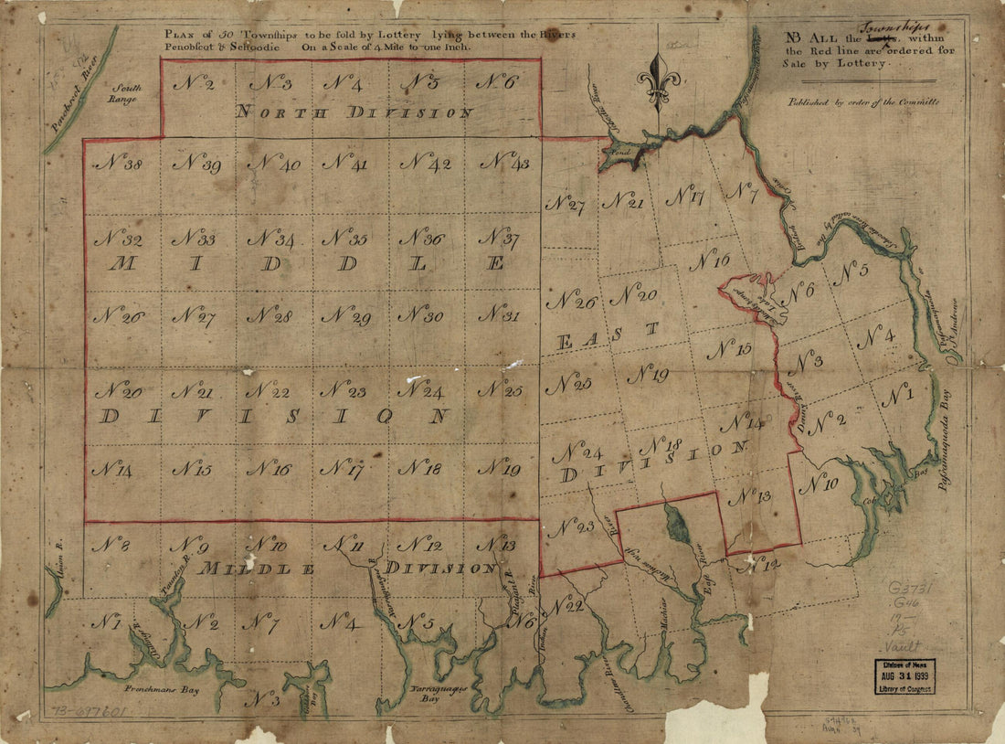 This old map of Plan of 50 Townships to Be Sold by Lottery Lying Between the Rivers Penobscot & Schoodic from 1700 was created by in 1700
