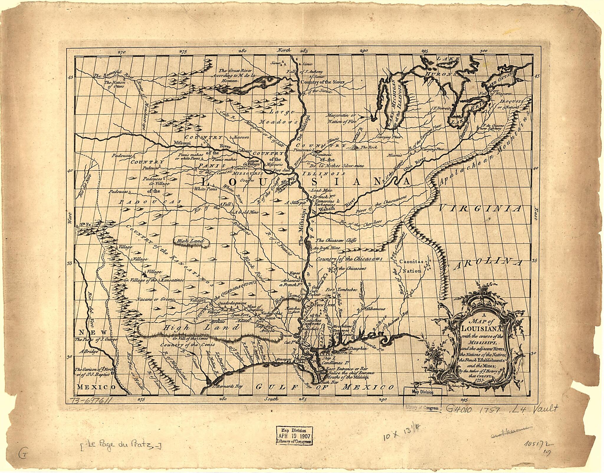 This old map of A Map of Louisiana, With the Course of the Missisipi, and the Adjacent Rivers, the Nations of the Natives, the French Establishments and the Mines; by the Author of Ye History of That Colony. 1757 from 1763 was created by Le Page Du Prat