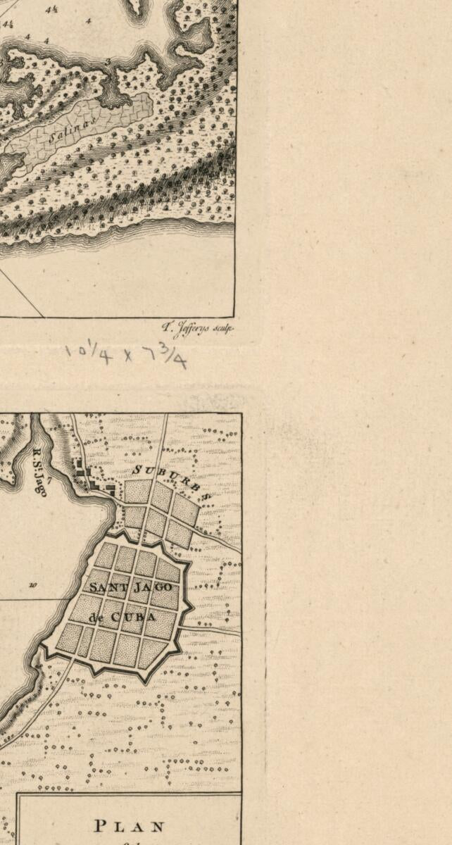This old map of Plan of Guantanimo, Called by the English Cumberland Harbour. Plan of the City and Harbour of St. Jago De Cuba from 1768 was created by Thomas Jefferys in 1768