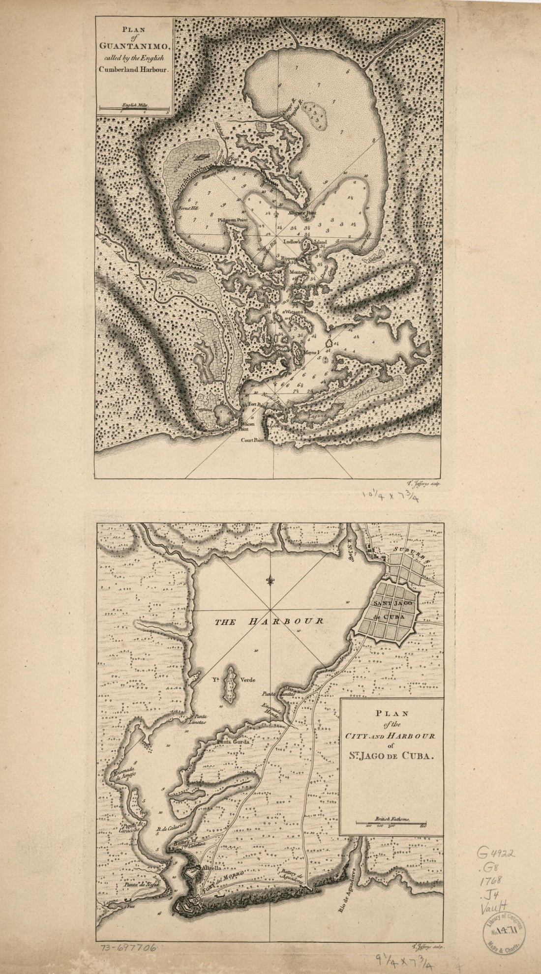 This old map of Plan of Guantanimo, Called by the English Cumberland Harbour. Plan of the City and Harbour of St. Jago De Cuba from 1768 was created by Thomas Jefferys in 1768