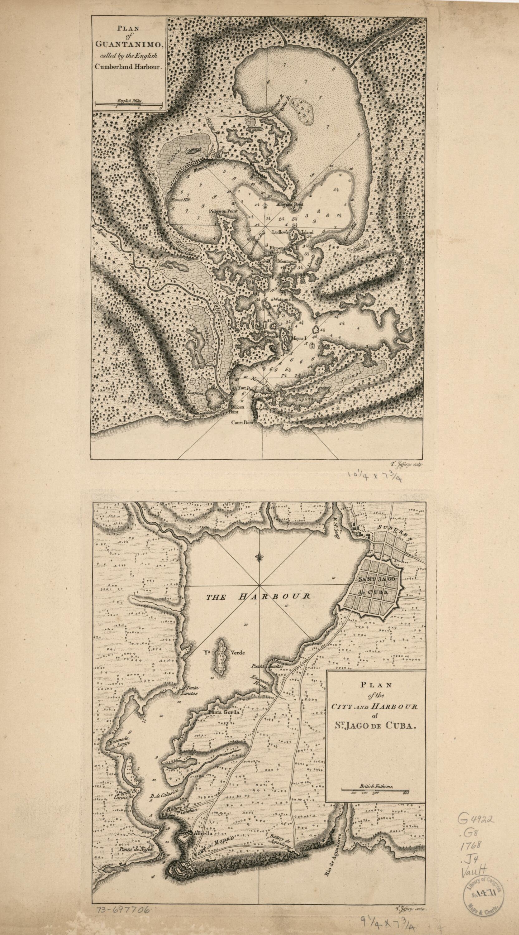 This old map of Plan of Guantanimo, Called by the English Cumberland Harbour. Plan of the City and Harbour of St. Jago De Cuba from 1768 was created by Thomas Jefferys in 1768