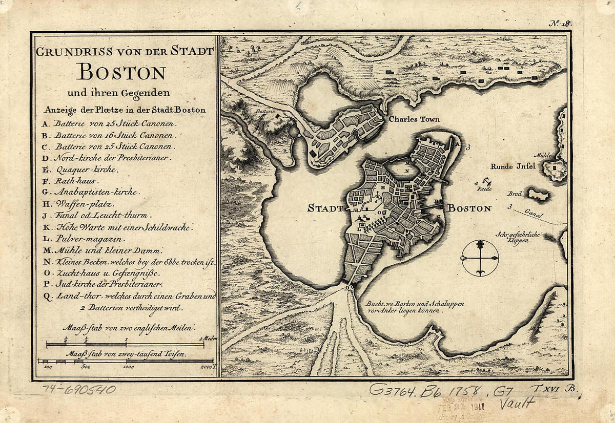 Grundriss Von Der Stadt Boston Und Ihren Gegenden 1758 by Relic Map Company
