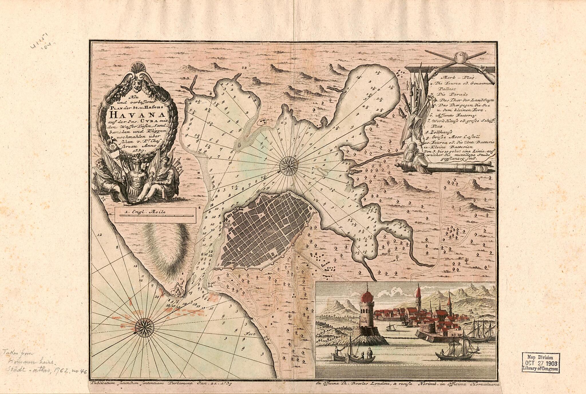 This old map of Neu Und Verbesserter Plan Der St. U. Hafens Havana Auf Der Ins. Cvba Mit Den Wasser Tiefen, Sand Bæncken Und Klippen Nochmahten übersehen V. Pr. Chassereau Anno 1739 from 1740 was created by Thomas Bowles, Homann Erben (Firm) in 1740