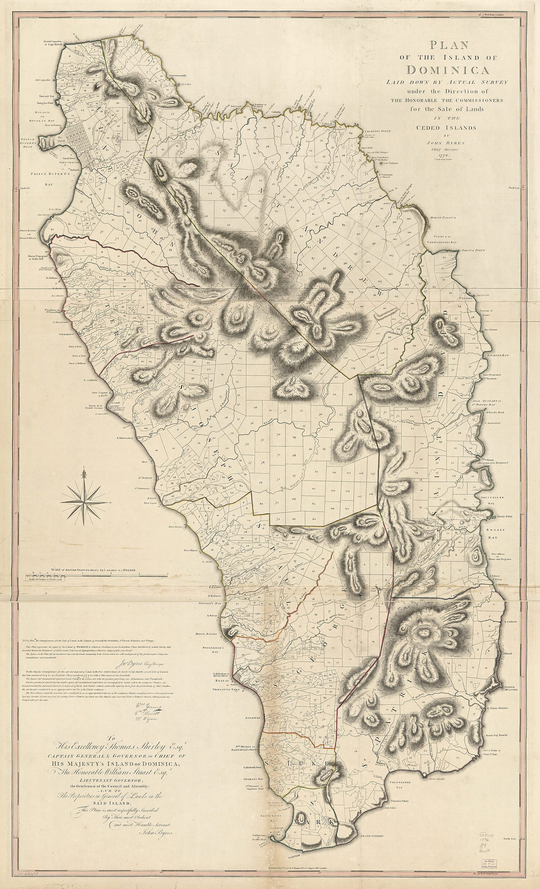 This old map of Plan of the Island of Dominica, Laid Down by Actual Survey Under the Direction of the Honorable the Commissioners for the Sale of Lands In the Ceded Islands from 1776 was created by J. Bayly, John Byres, S. (Samuel) Hooper in 1776