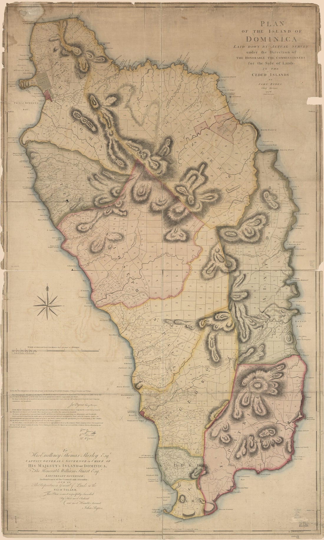 This old map of Plan of the Island of Dominica Laid Down by Actual Survey Under the Direction of the Honorable the Commissioners for the Sale of Lands In the Ceded Islands from 1776 was created by J. Bayly, John Byres, S. (Samuel) Hooper in 1776