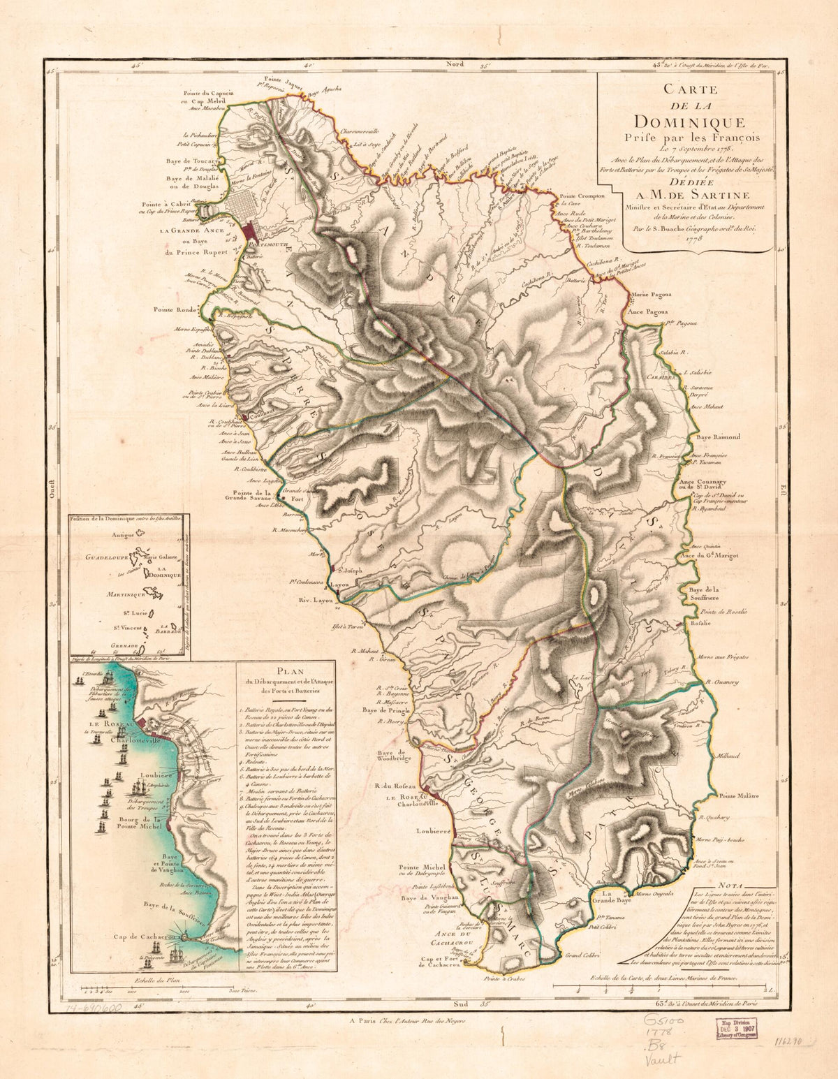 Carte De La Dominique, Prise Par Les François Le 7 Septembre 1778. Avec Le Plan Du Débarquement, Et De L&